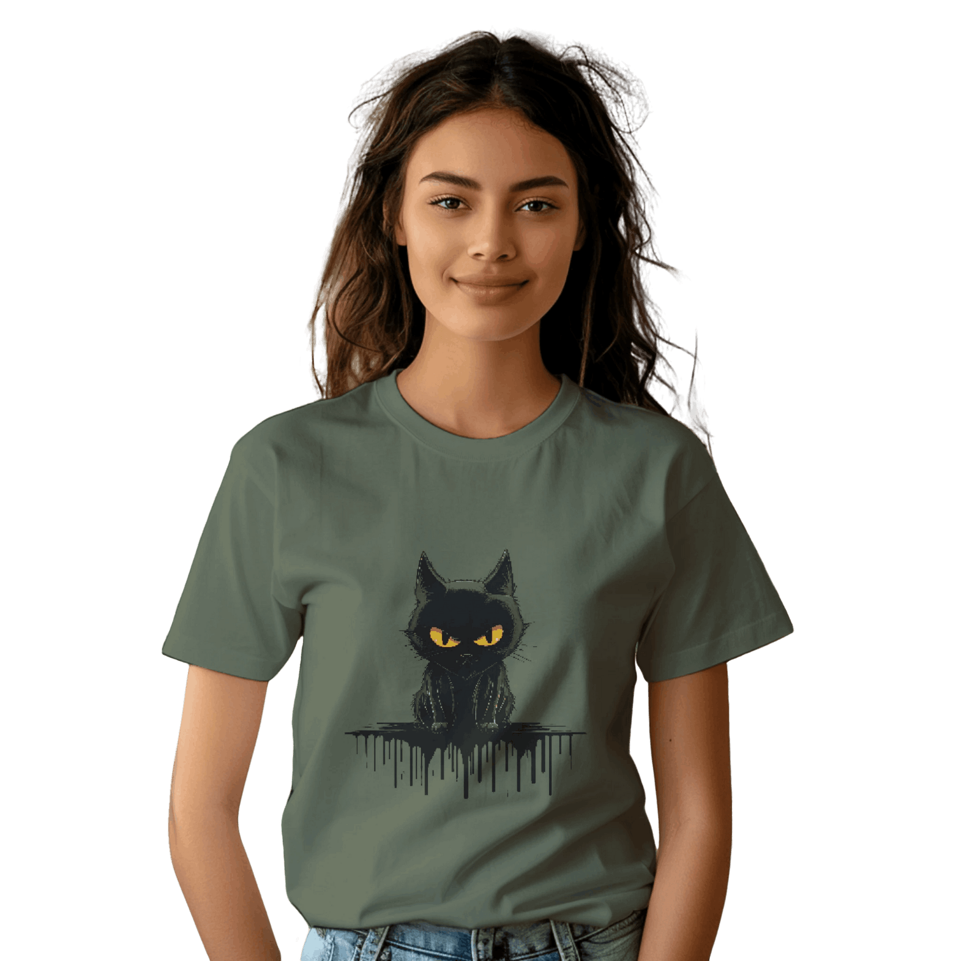 Black Cat Mystique T-Shirt with Unique Gothic Design Olive