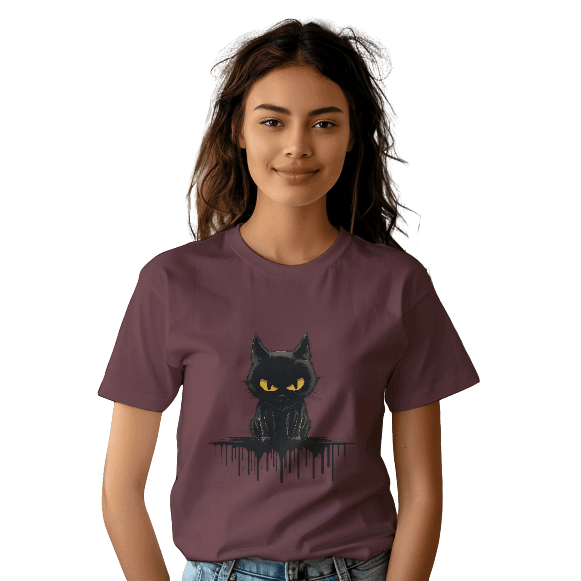 Black Cat Mystique T-Shirt with Unique Gothic Design Maroon