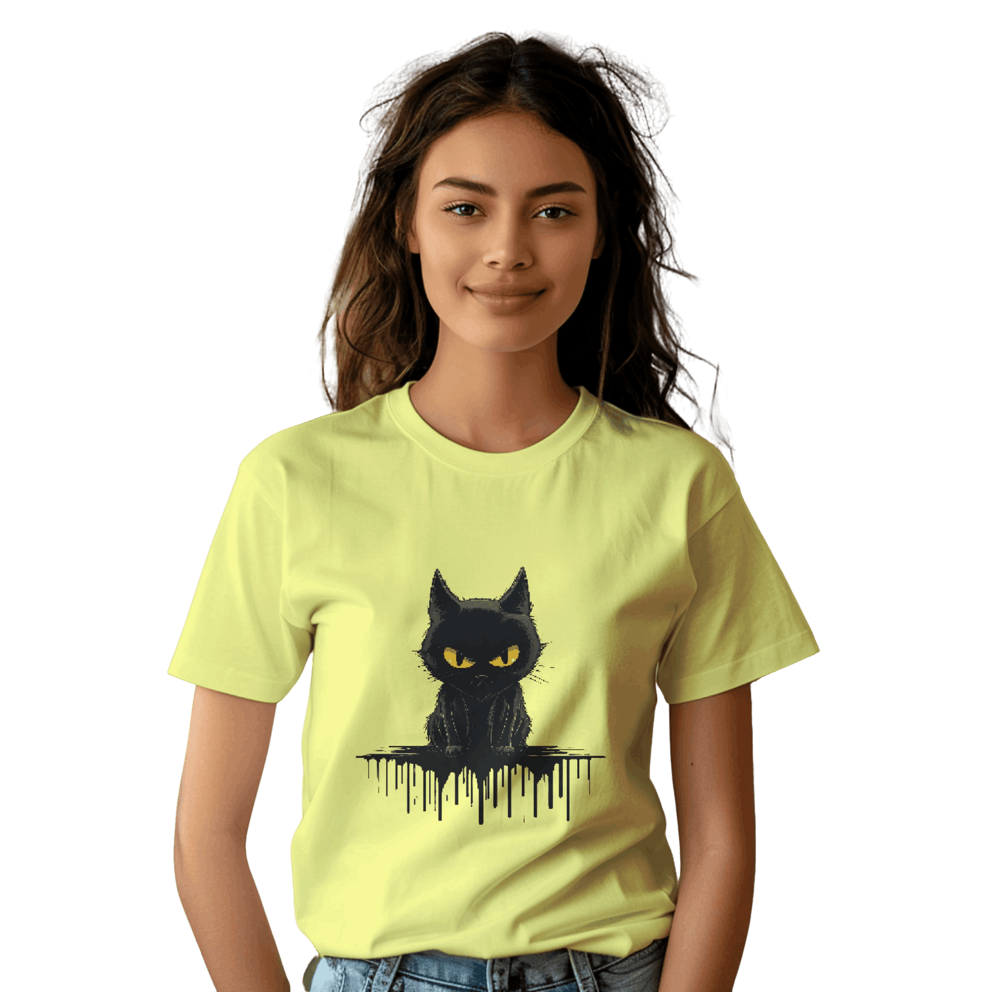 Black Cat Mystique T-Shirt with Unique Gothic Design Yellow