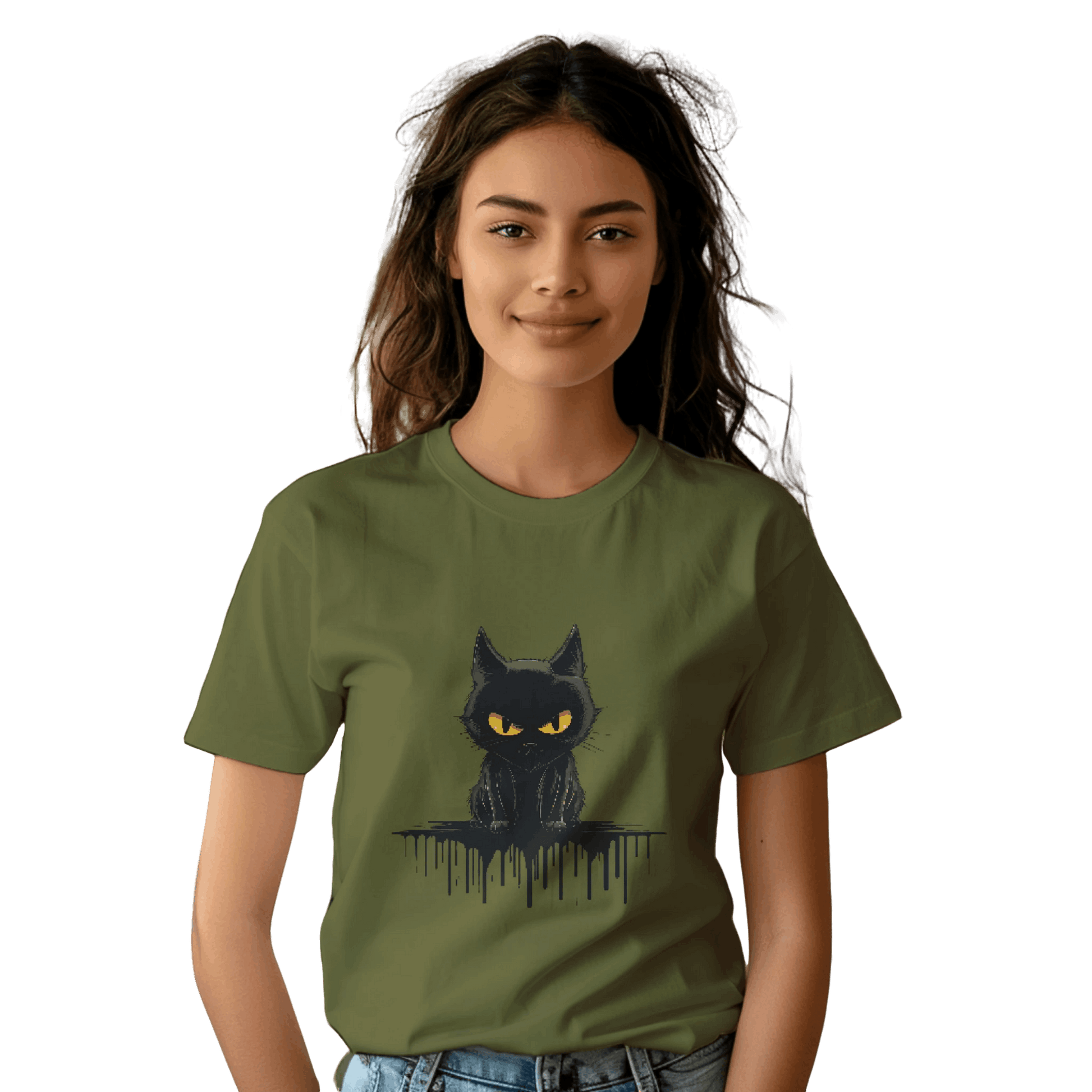 Black Cat Mystique T-Shirt with Unique Gothic Design Military Green