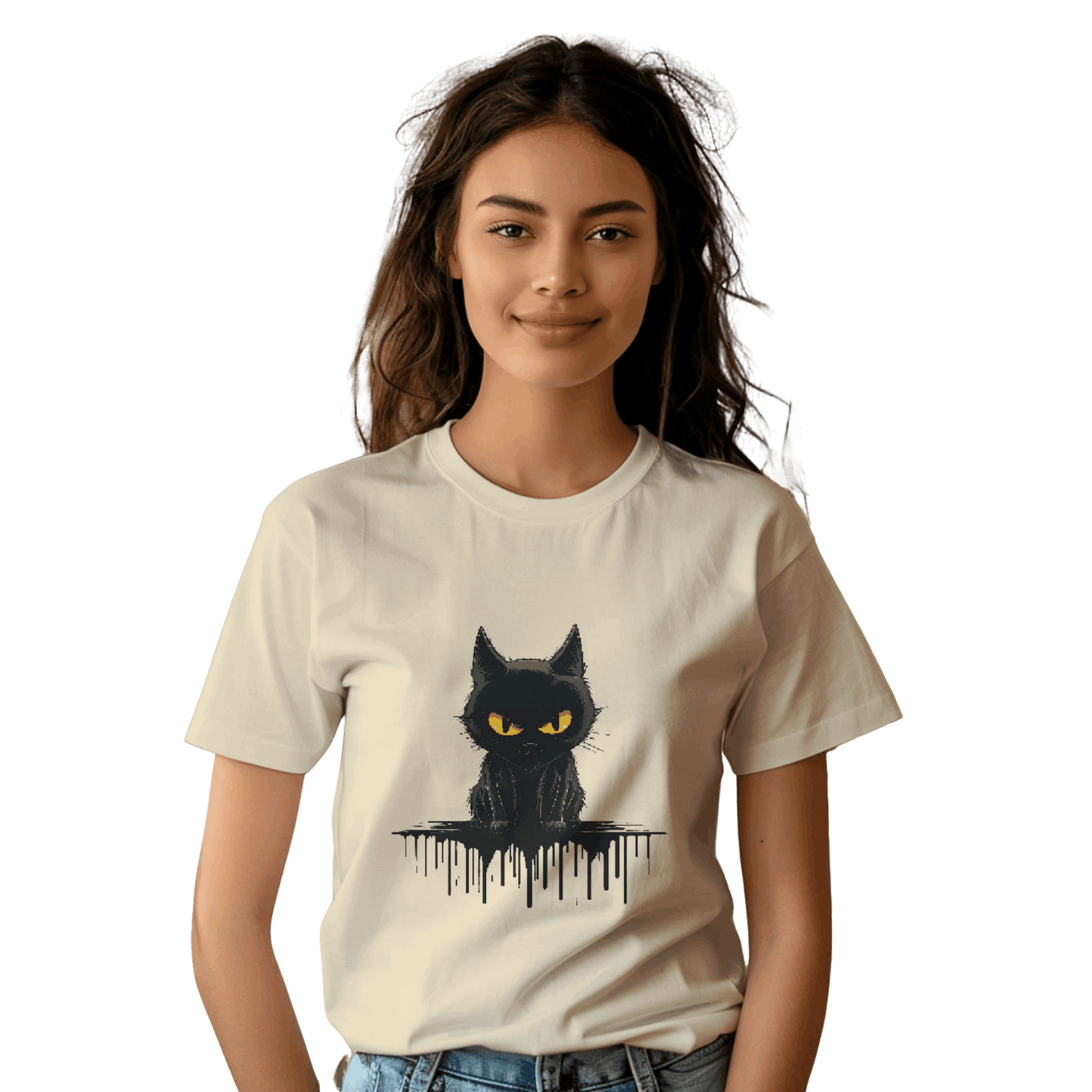 Black Cat Mystique T-Shirt with Unique Gothic Design Soft Cream