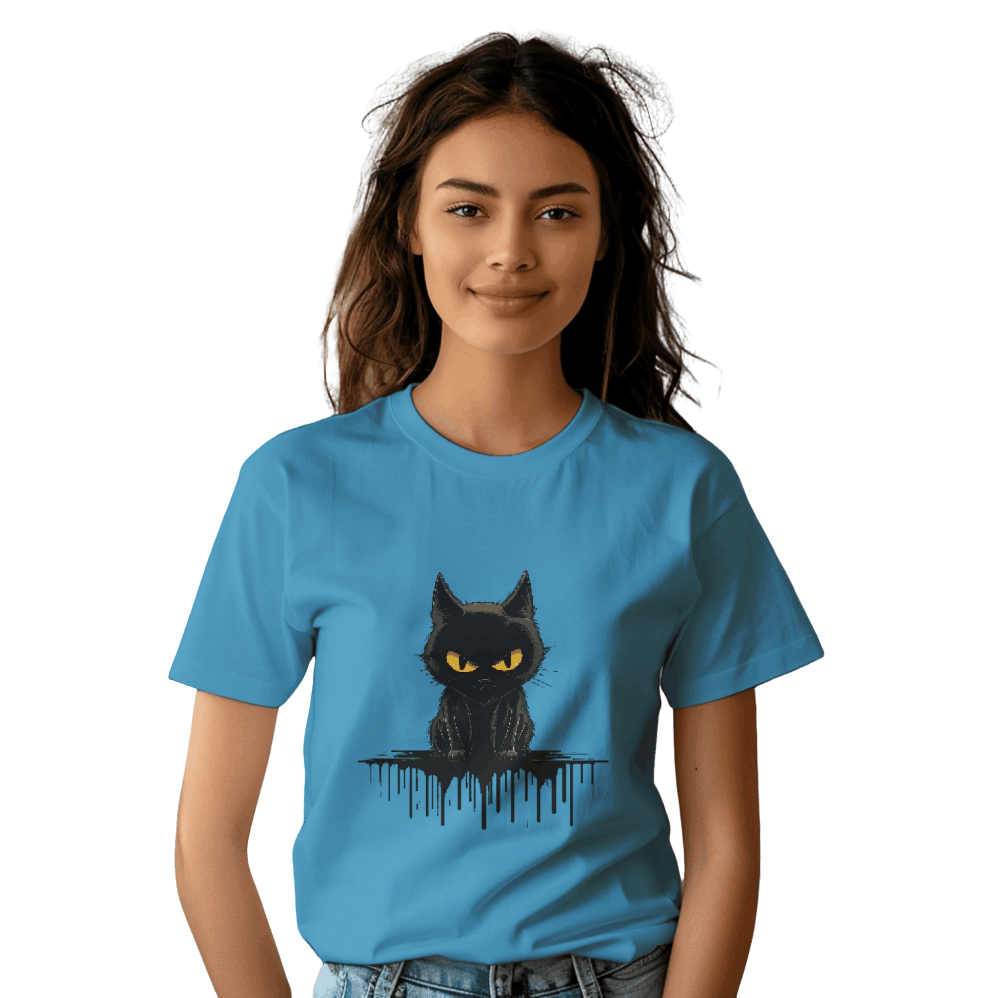 Black Cat Mystique T-Shirt with Unique Gothic Design Aqua