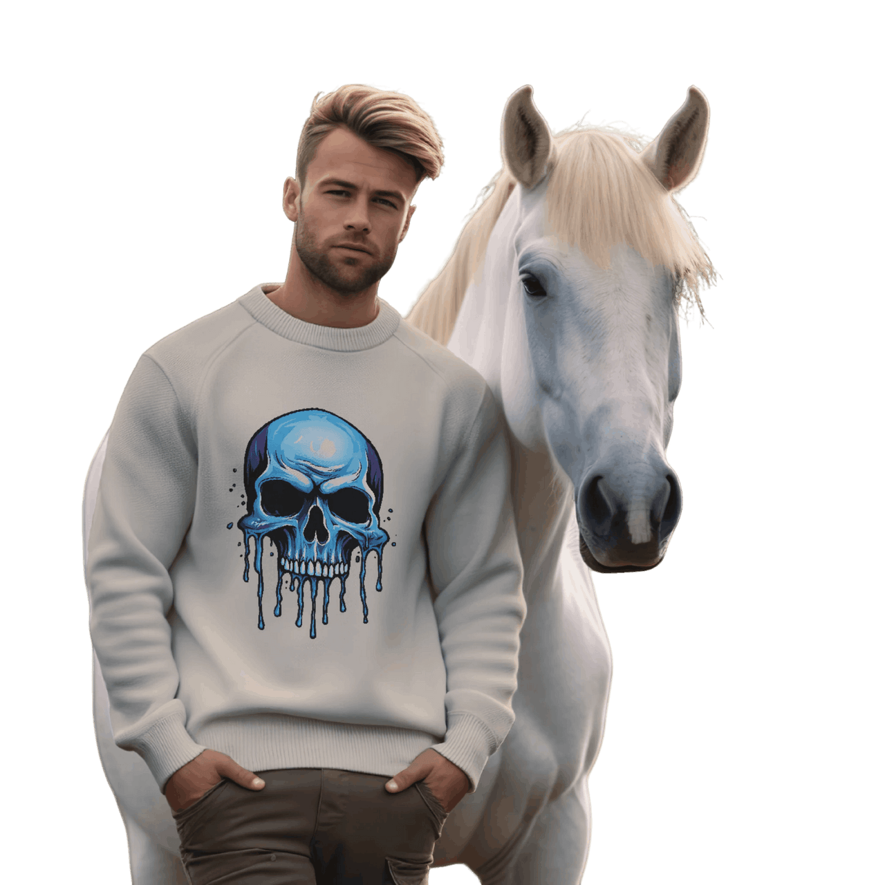 Blue Dripping Skull Crewneck Sweatshirt for Bold Fashion Statements Sand