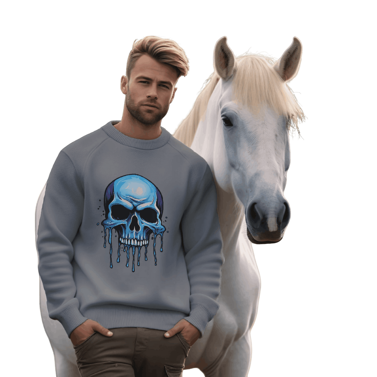 Blue Dripping Skull Crewneck Sweatshirt for Bold Fashion Statements Graphite Heather