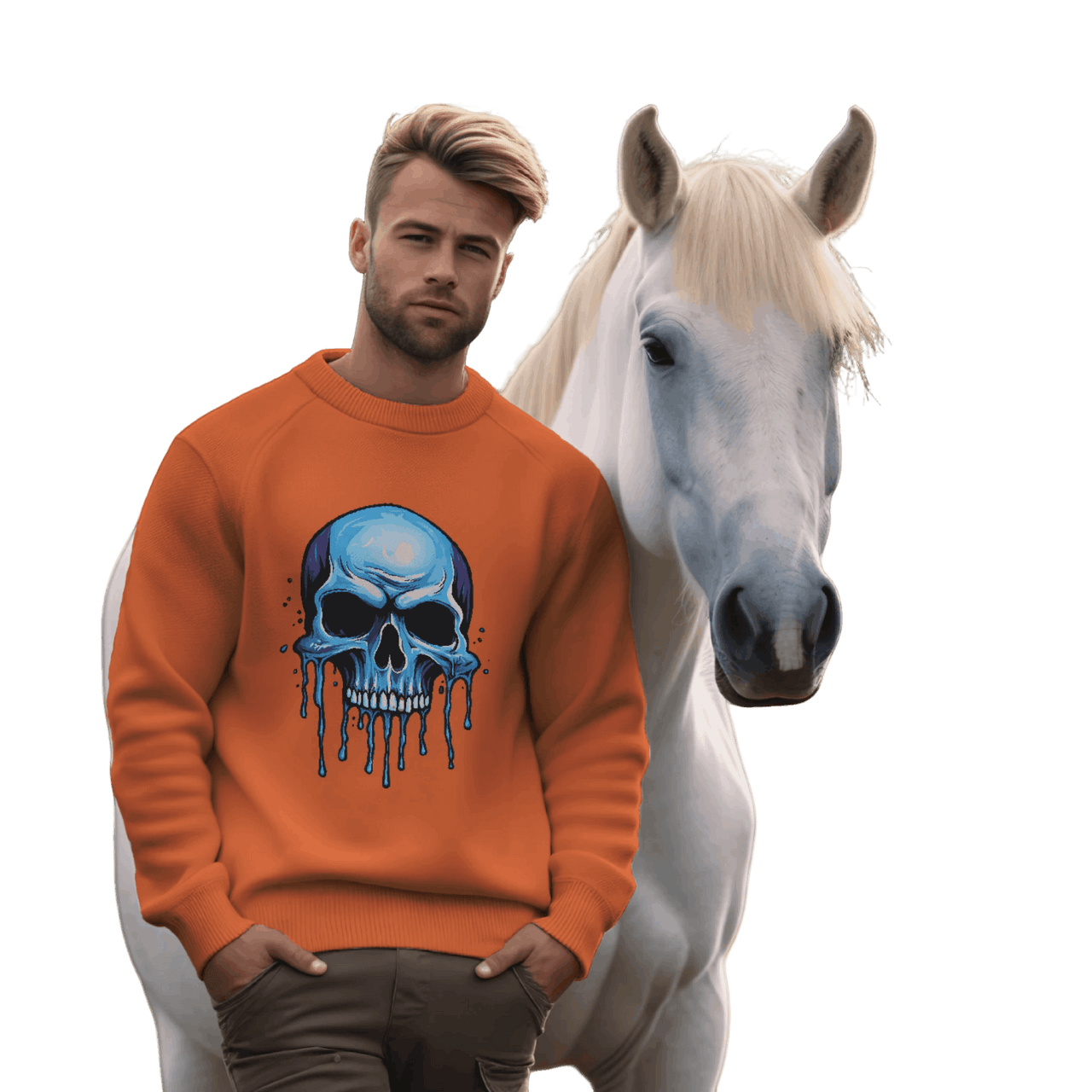 Blue Dripping Skull Crewneck Sweatshirt for Bold Fashion Statements Orange