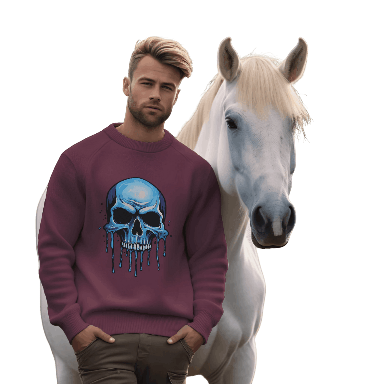 Blue Dripping Skull Crewneck Sweatshirt for Bold Fashion Statements Maroon