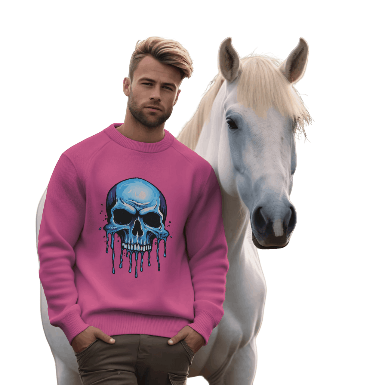 Blue Dripping Skull Crewneck Sweatshirt for Bold Fashion Statements Heliconia