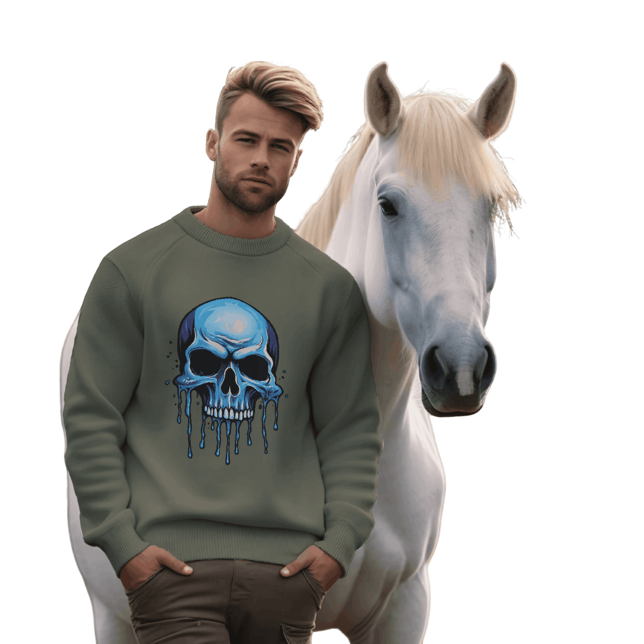 Blue Dripping Skull Crewneck Sweatshirt for Bold Fashion Statements Military Green