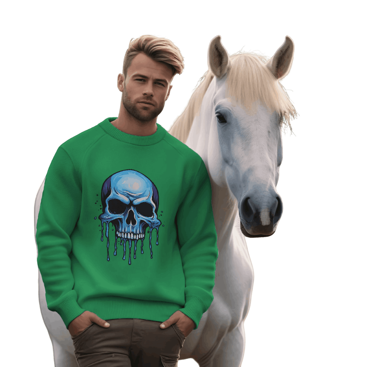 Blue Dripping Skull Crewneck Sweatshirt for Bold Fashion Statements Irish Green