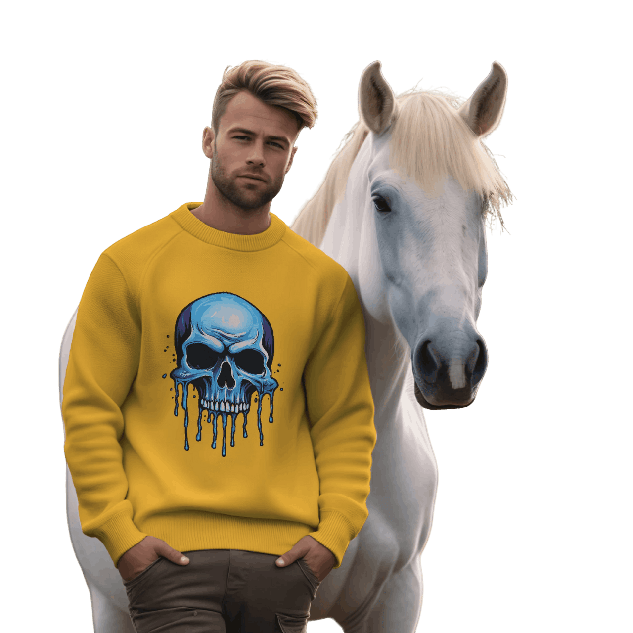 Blue Dripping Skull Crewneck Sweatshirt for Bold Fashion Statements Gold