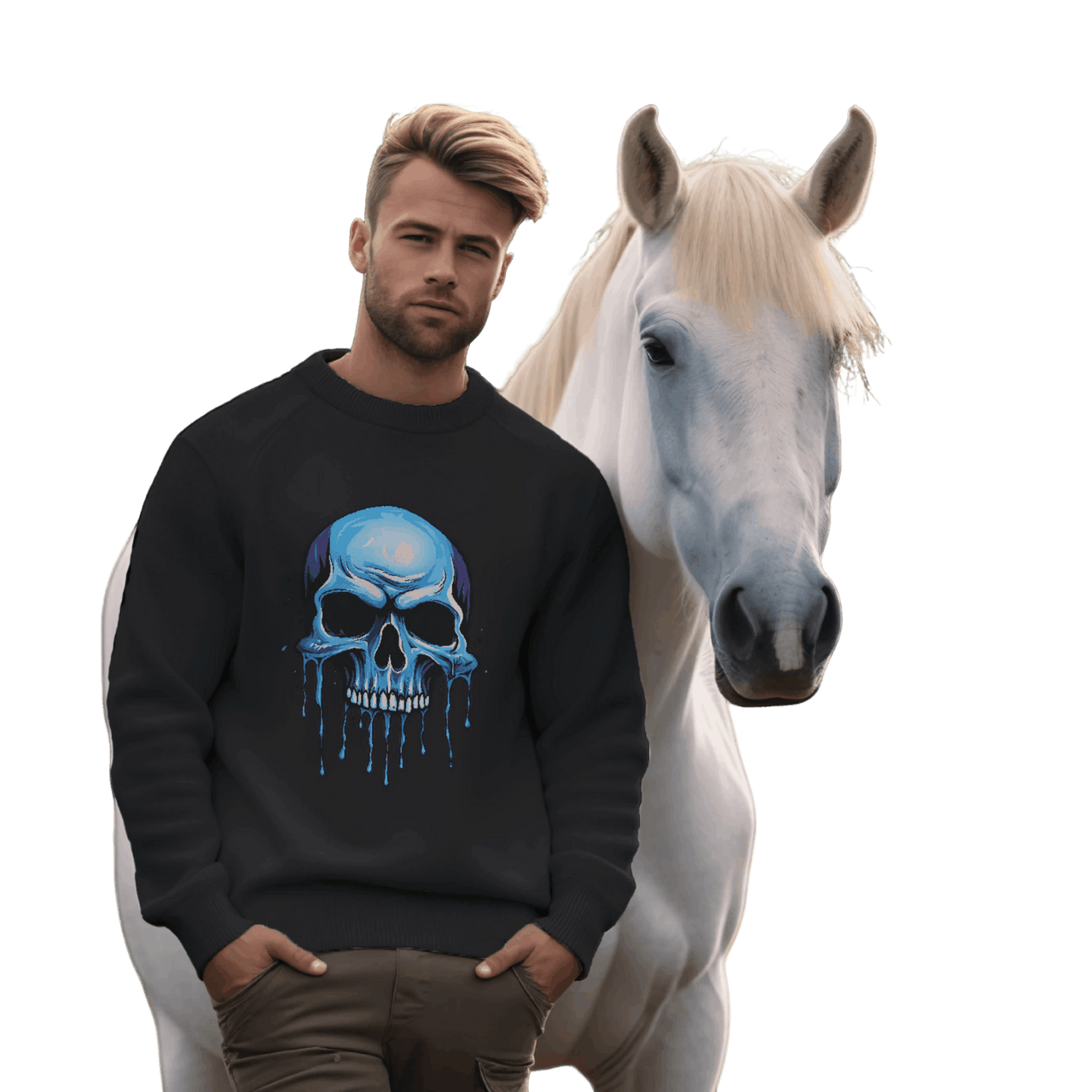 Blue Dripping Skull Crewneck Sweatshirt for Bold Fashion Statements Black