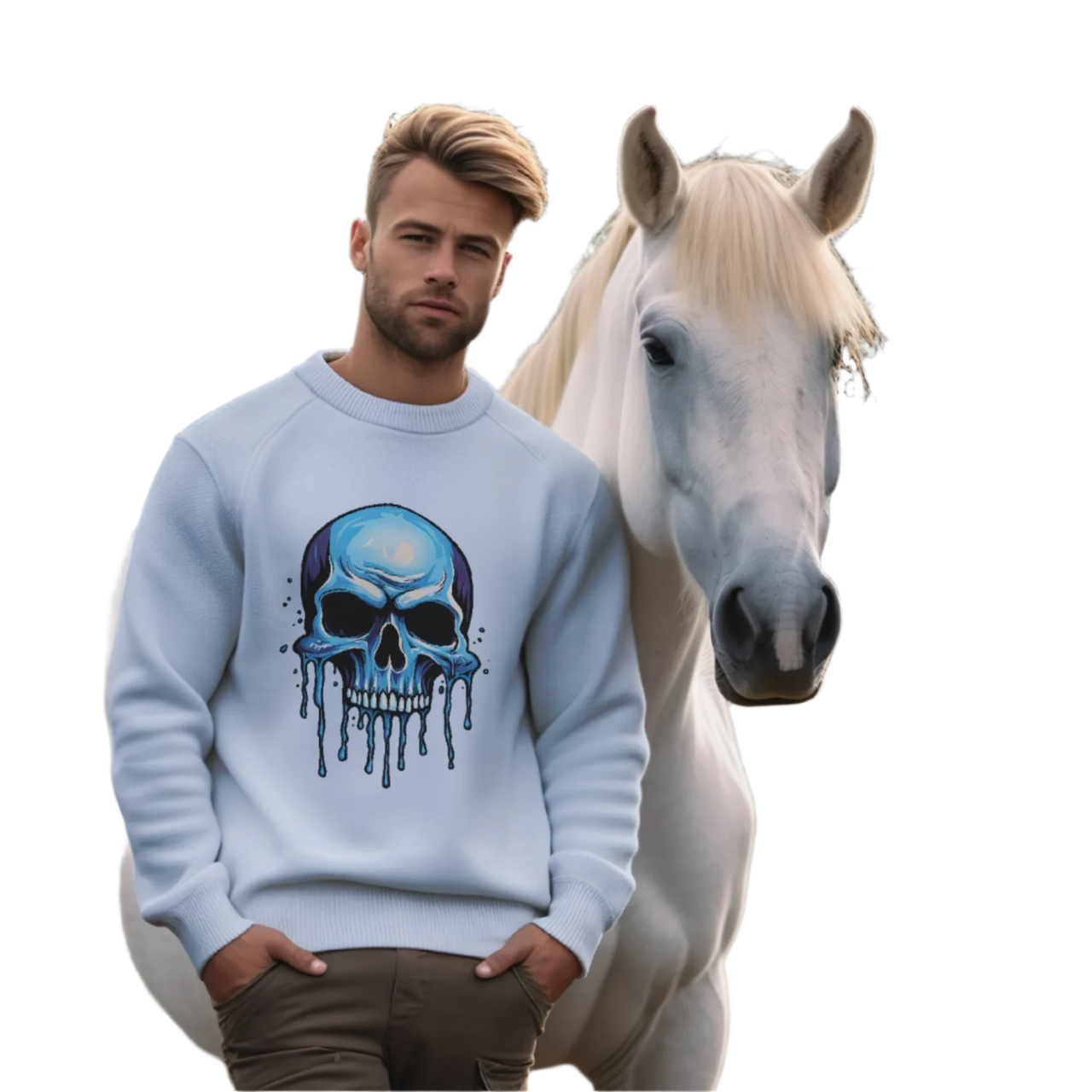 Blue Dripping Skull Crewneck Sweatshirt for Bold Fashion Statements Light Blue