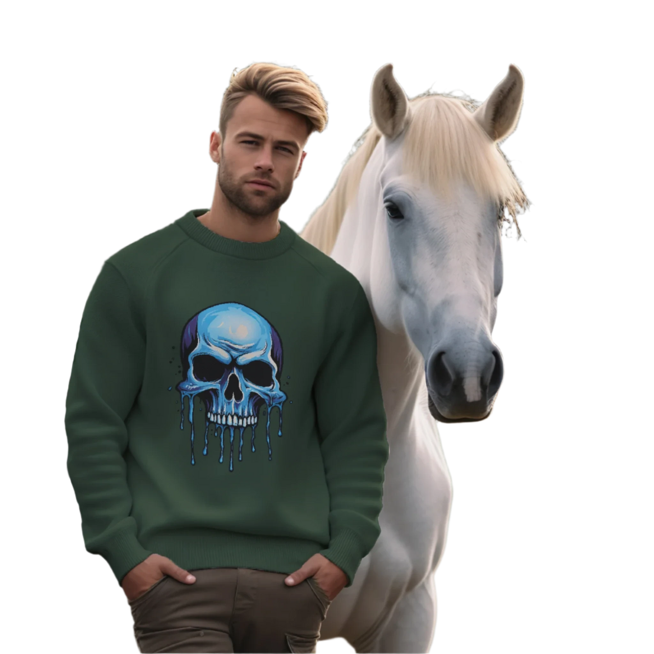 Blue Dripping Skull Crewneck Sweatshirt for Bold Fashion Statements Forest Green