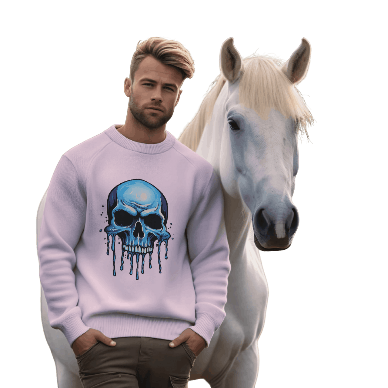 Blue Dripping Skull Crewneck Sweatshirt for Bold Fashion Statements Light Pink