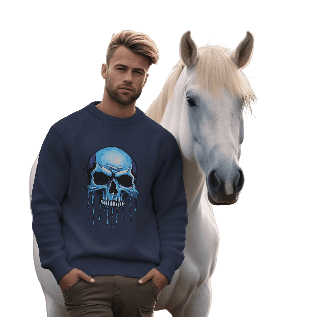 Blue Dripping Skull Crewneck Sweatshirt for Bold Fashion Statements Navy