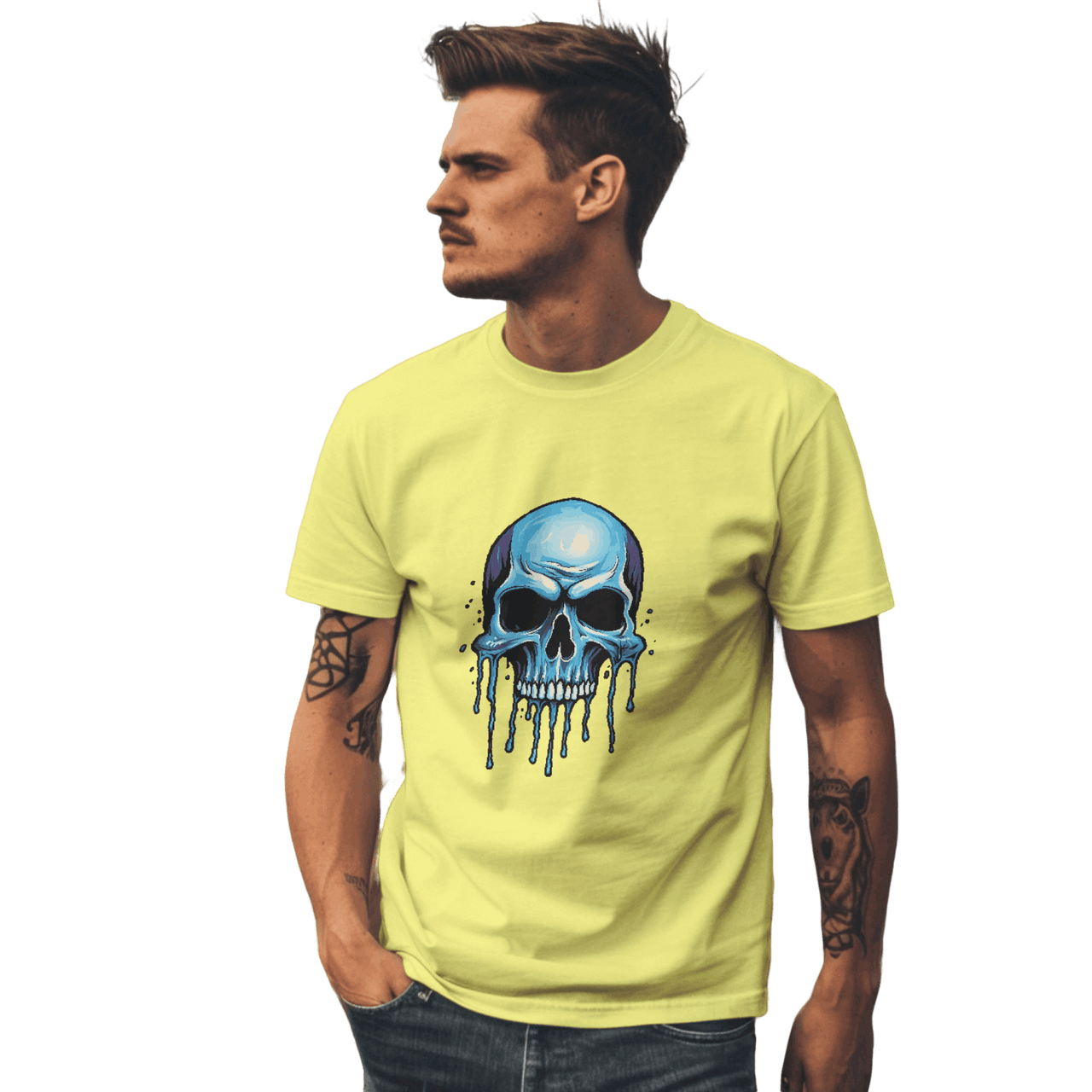 Blue Dripping Skull T-Shirt for Bold Self-Expression and Artistic Style Yellow