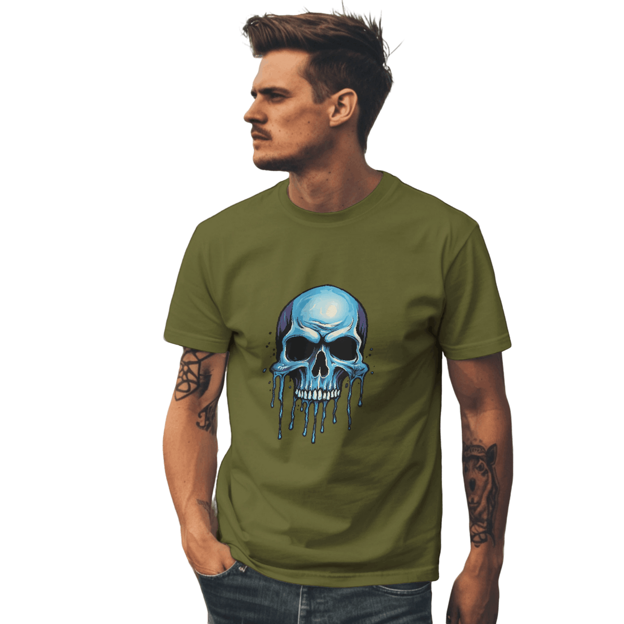 Blue Dripping Skull T-Shirt for Bold Self-Expression and Artistic Style Olive