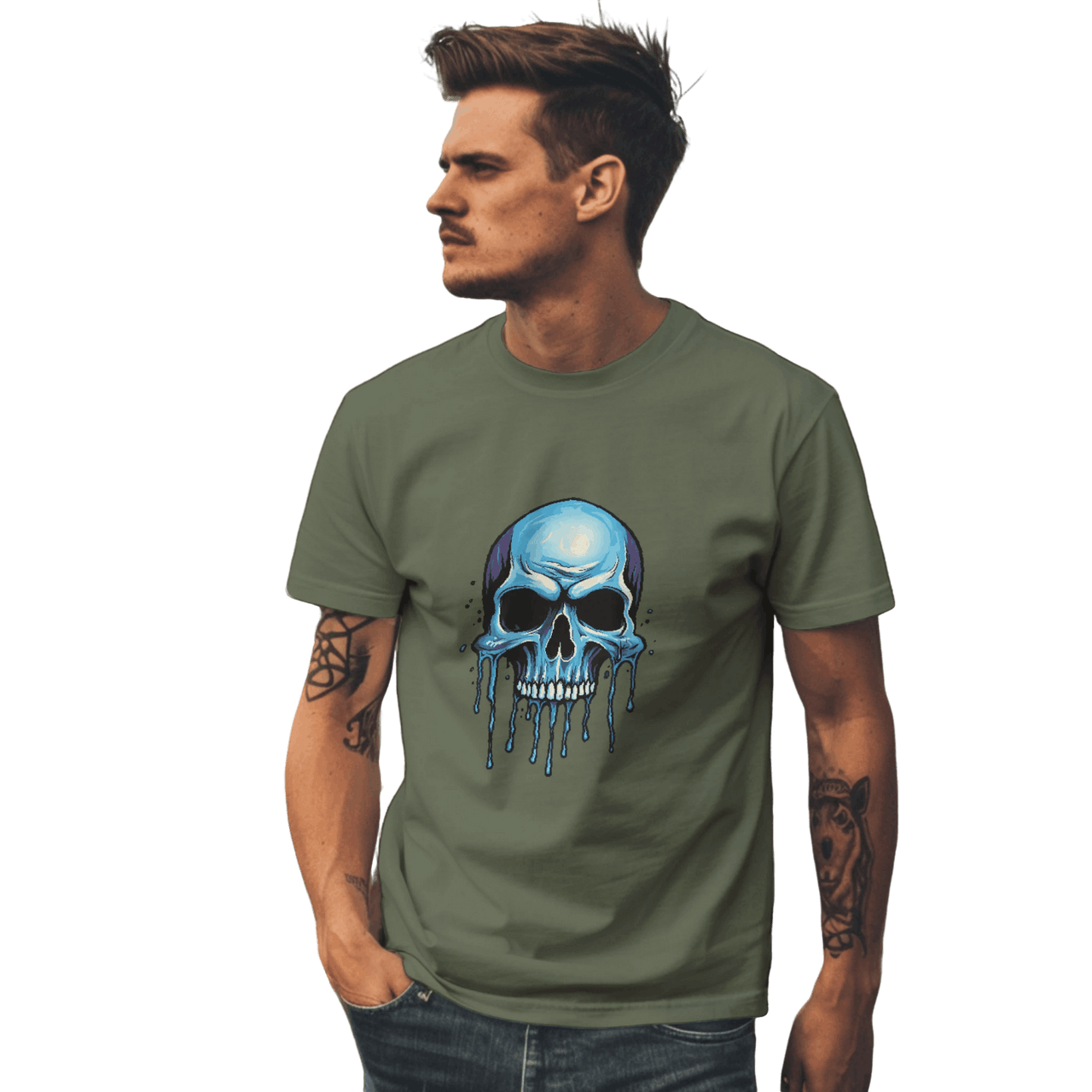 Blue Dripping Skull T-Shirt for Bold Self-Expression and Artistic Style Military Green