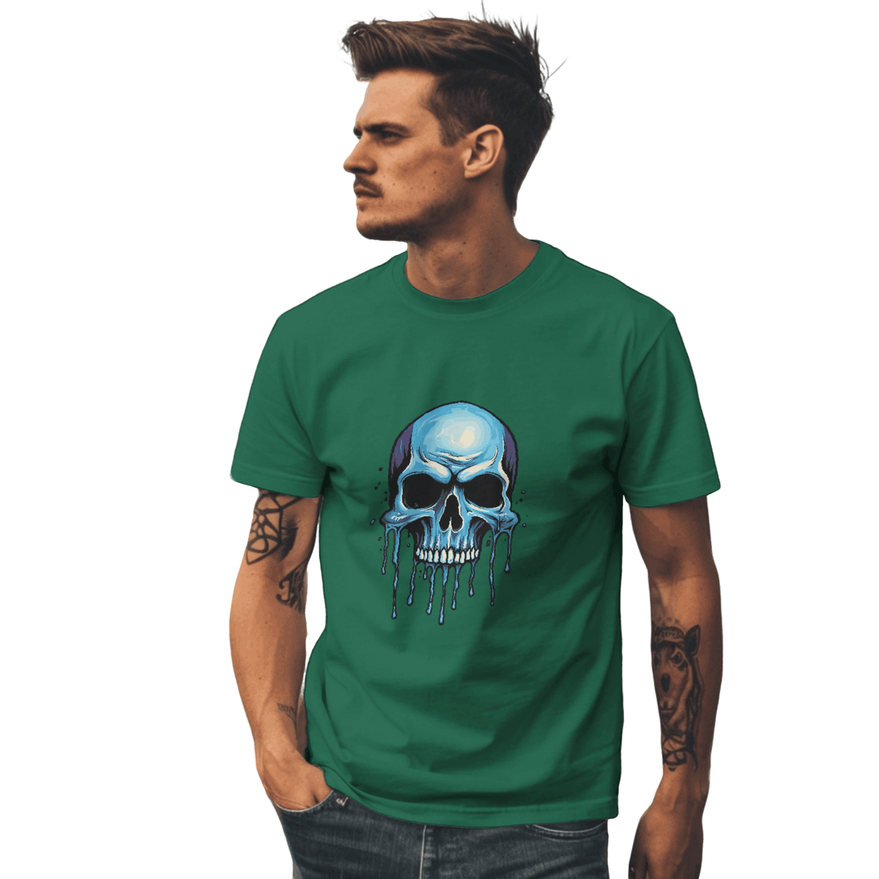 Blue Dripping Skull T-Shirt for Bold Self-Expression and Artistic Style Kelly