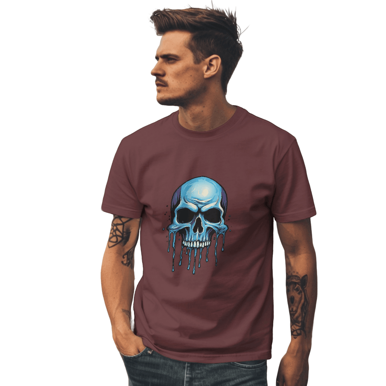 Blue Dripping Skull T-Shirt for Bold Self-Expression and Artistic Style Maroon