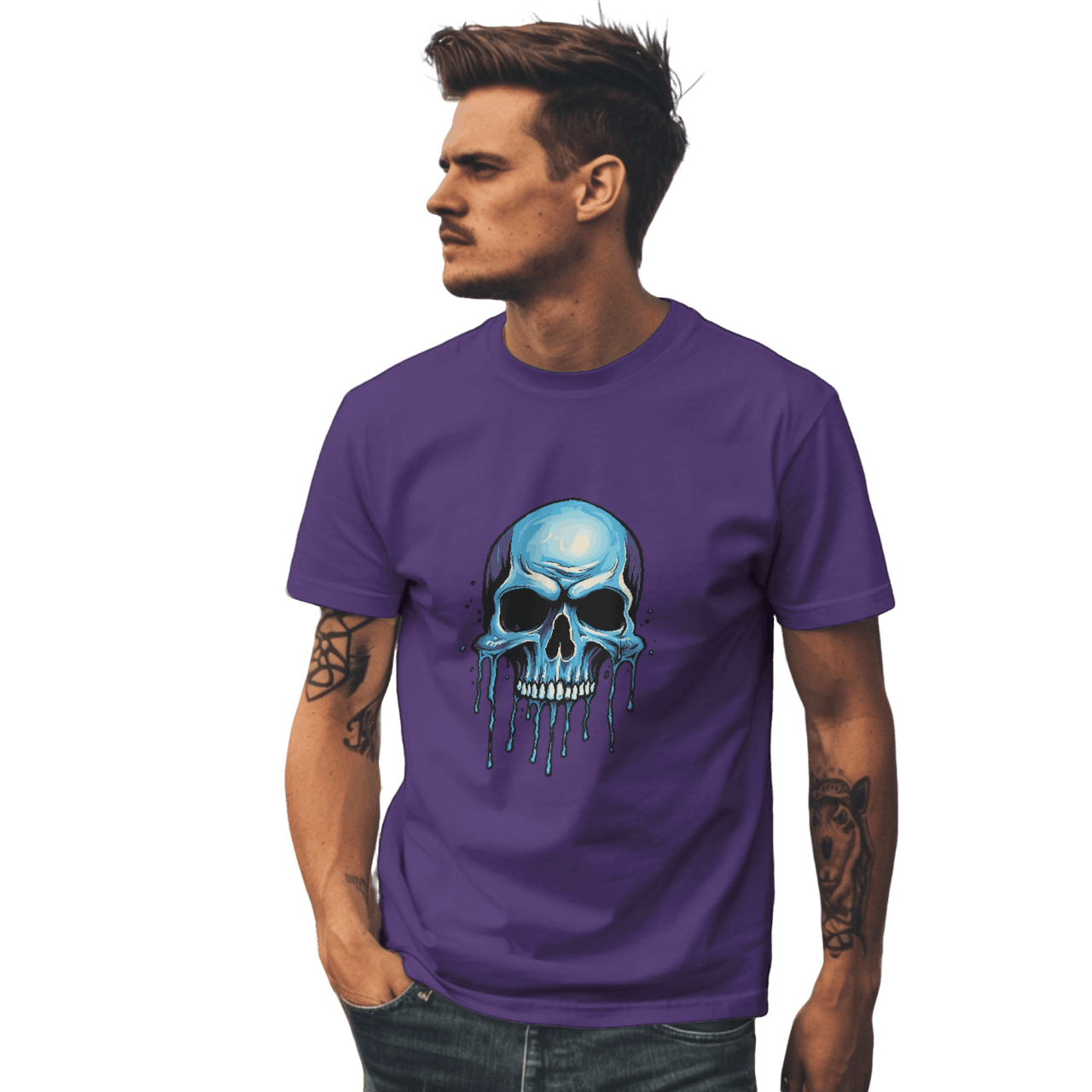 Blue Dripping Skull T-Shirt for Bold Self-Expression and Artistic Style Team Purple