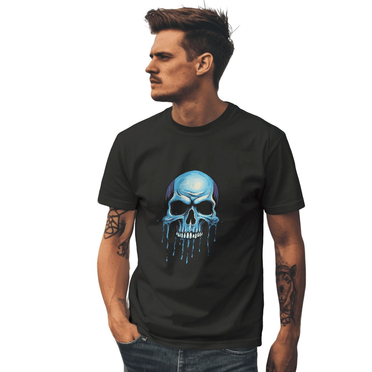 Blue Dripping Skull T-Shirt for Bold Self-Expression and Artistic Style Black