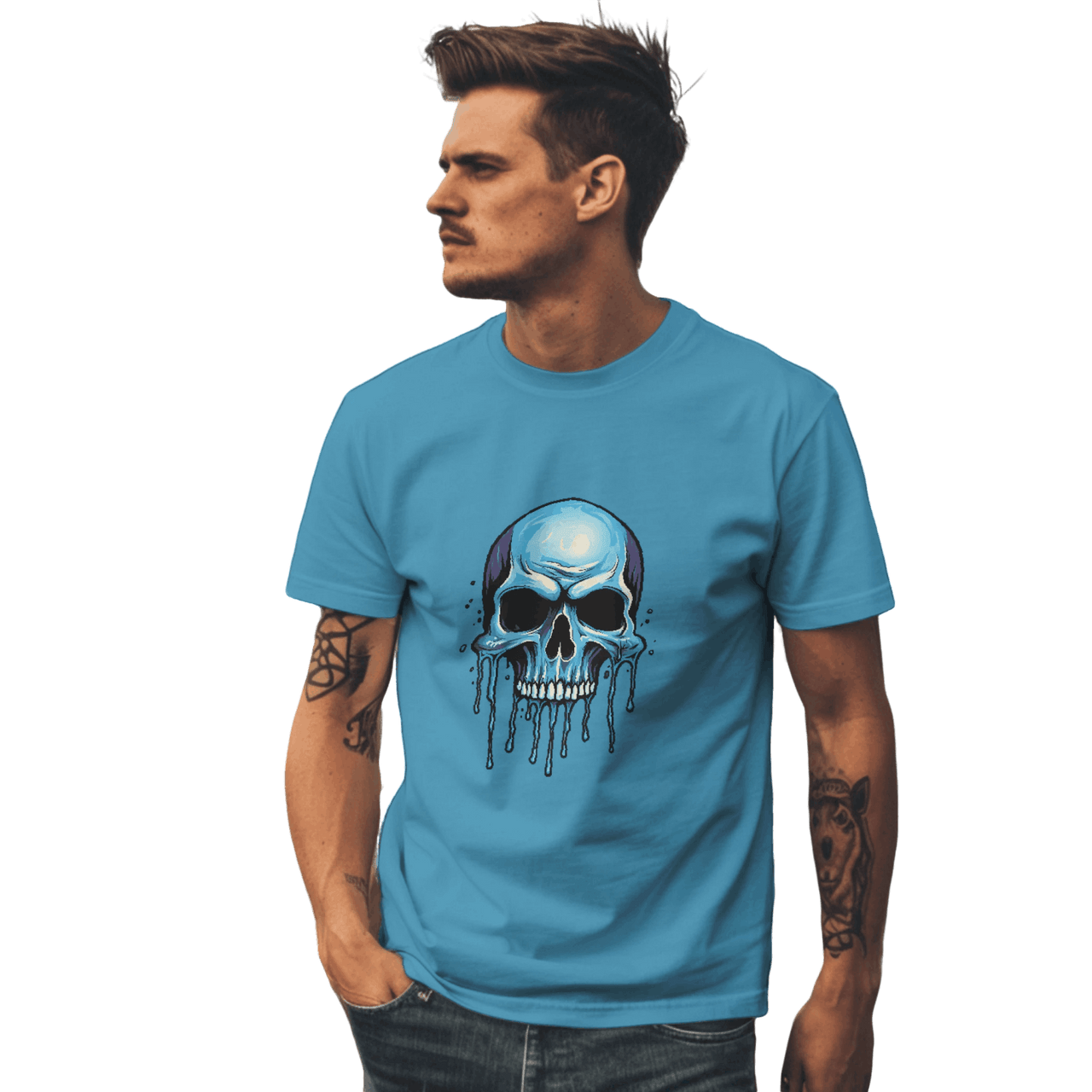 Blue Dripping Skull T-Shirt for Bold Self-Expression and Artistic Style Aqua