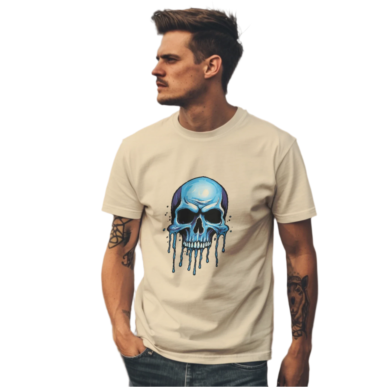 Blue Dripping Skull T-Shirt for Bold Self-Expression and Artistic Style Soft Cream