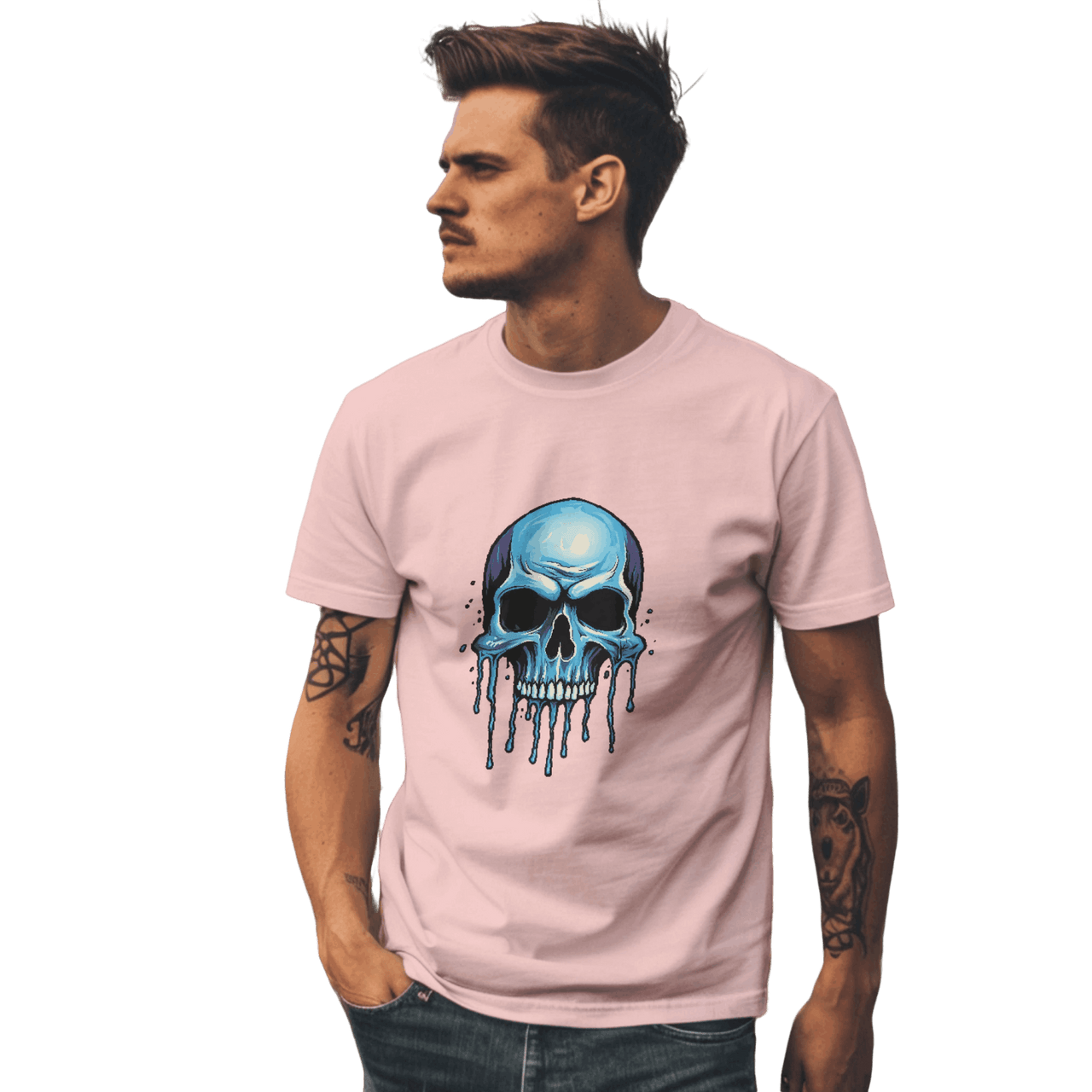 Blue Dripping Skull T-Shirt for Bold Self-Expression and Artistic Style Pink