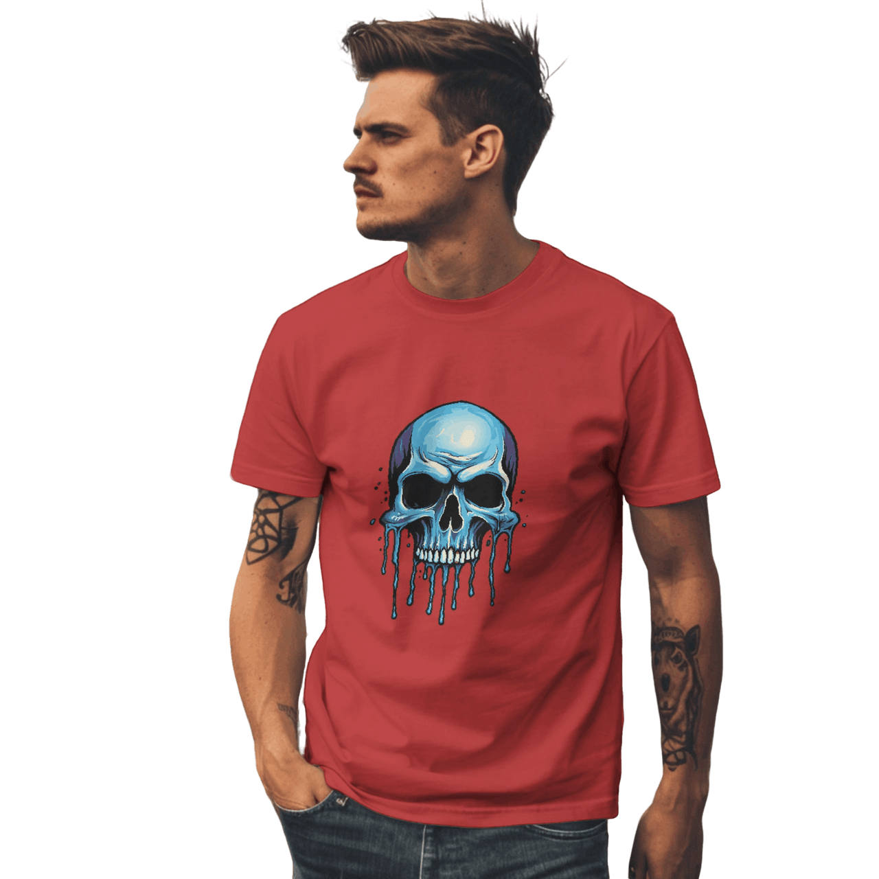 Blue Dripping Skull T-Shirt for Bold Self-Expression and Artistic Style Red