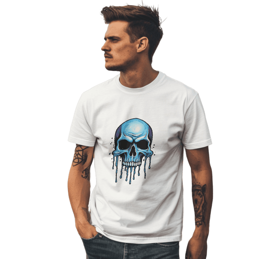 Blue Dripping Skull T-Shirt for Bold Self-Expression and Artistic Style White