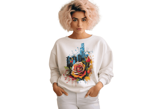 City Rose Crewneck Sweatshirt with Pearlized Tear-Away Label White