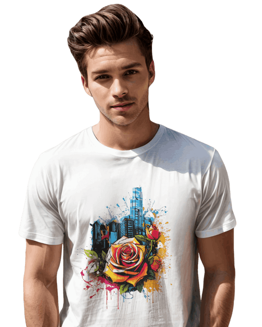 City Rose 2 T-Shirt with Vibrant Artistic Design and Red Rose Accent White