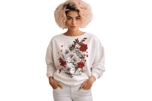 Elegant Japanese Flowers Crewneck Sweatshirt for Serenity and Style White