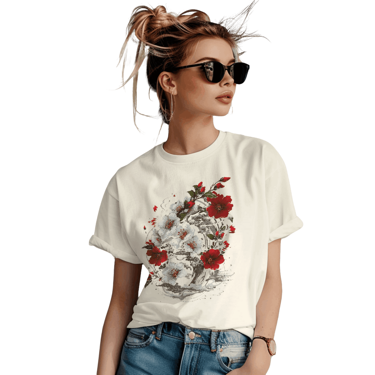 Elegant Japanese Flowers T-Shirt with Stunning Blossom Design Natural