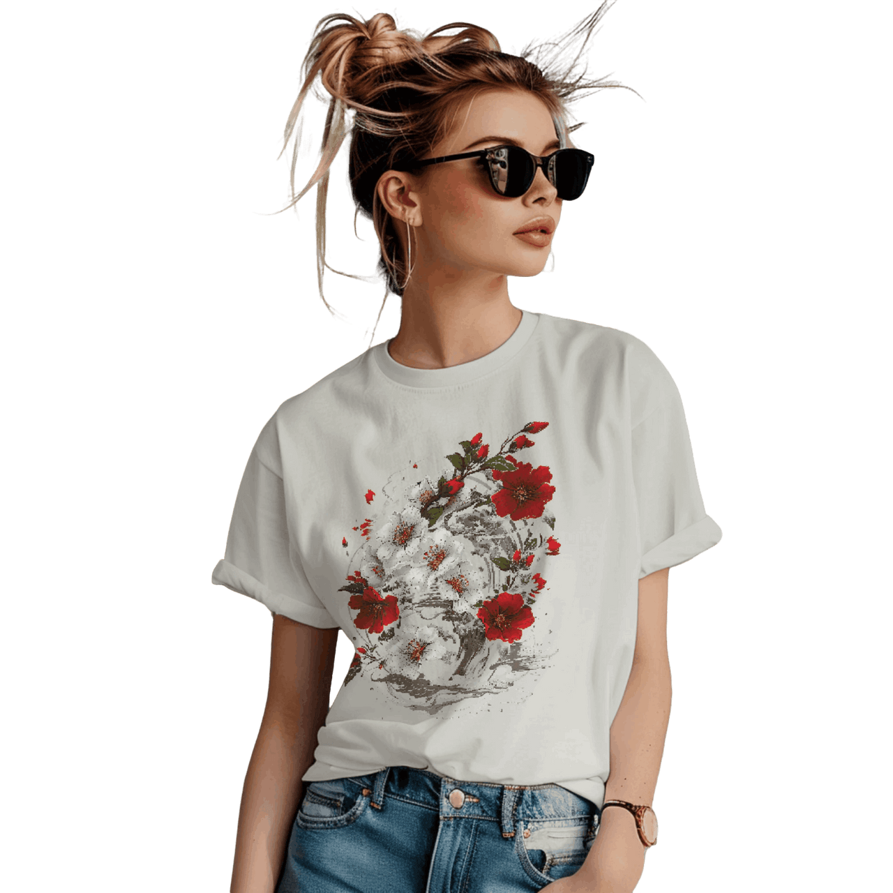 Elegant Japanese Flowers T-Shirt with Stunning Blossom Design Silver