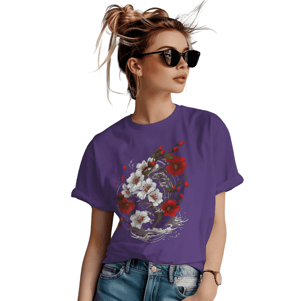 Elegant Japanese Flowers T-Shirt with Stunning Blossom Design Team Purple