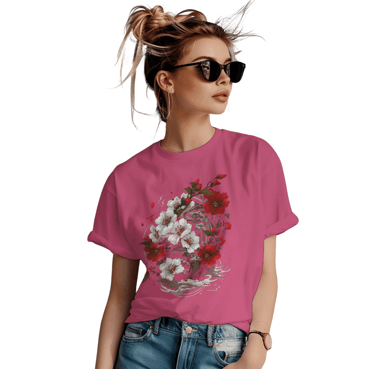 Elegant Japanese Flowers T-Shirt with Stunning Blossom Design Berry