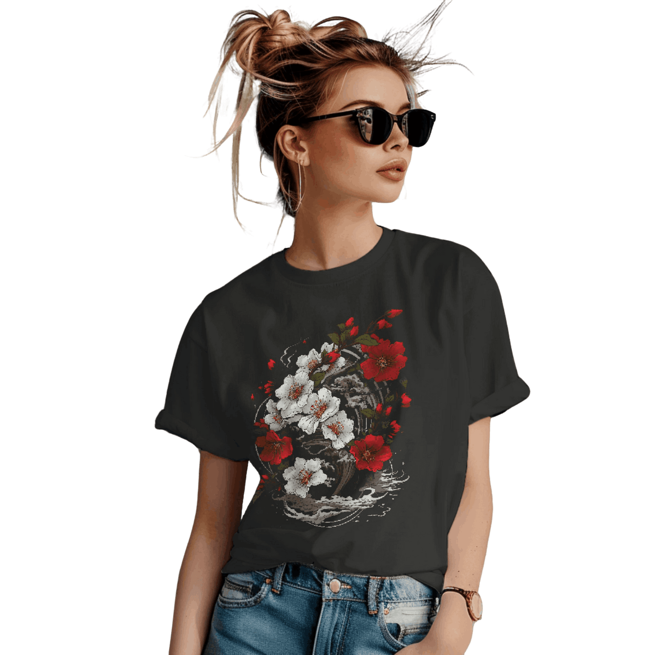 Elegant Japanese Flowers T-Shirt with Stunning Blossom Design Black