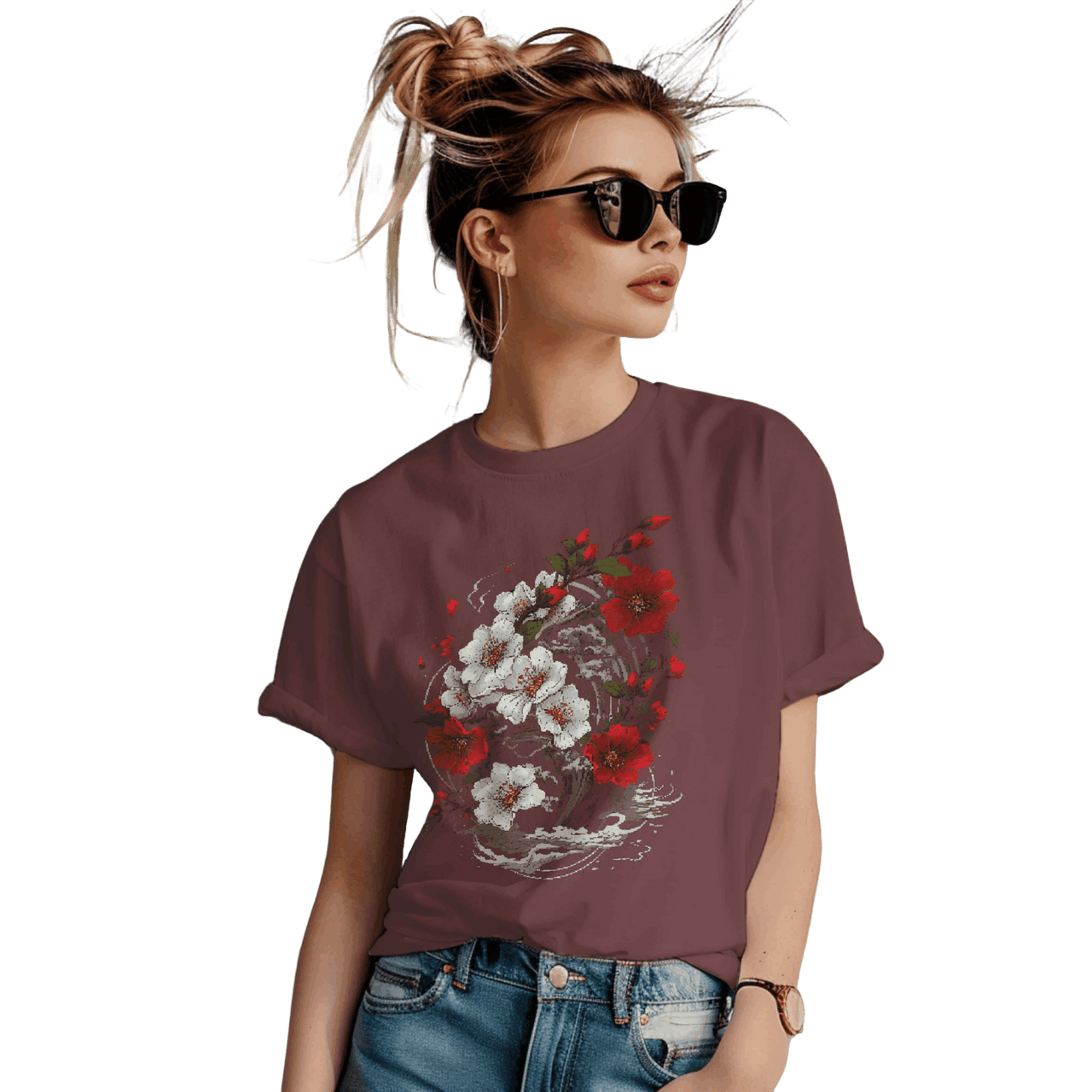 Elegant Japanese Flowers T-Shirt with Stunning Blossom Design Maroon