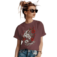 Thumbnail for Elegant Japanese Flowers T-Shirt with Stunning Blossom Design Maroon