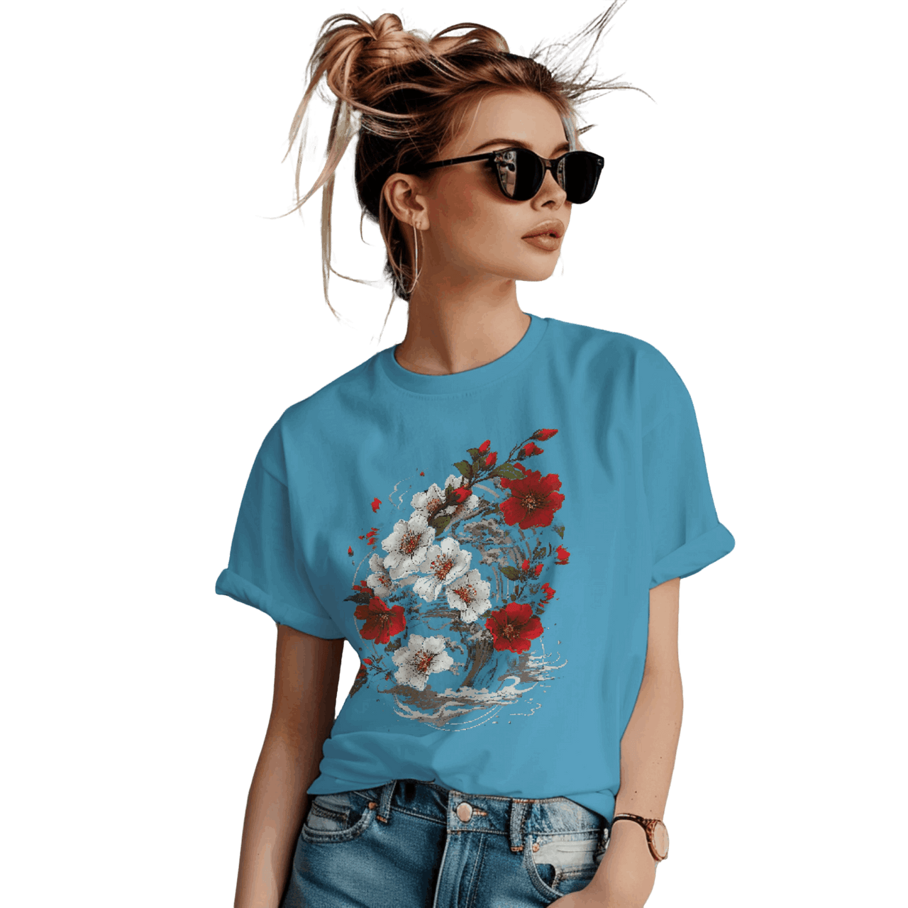 Elegant Japanese Flowers T-Shirt with Stunning Blossom Design Aqua