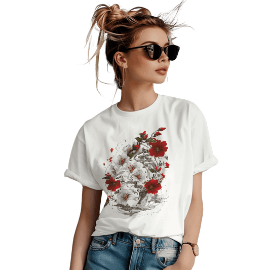 Elegant Japanese Flowers T-Shirt with Stunning Blossom Design White