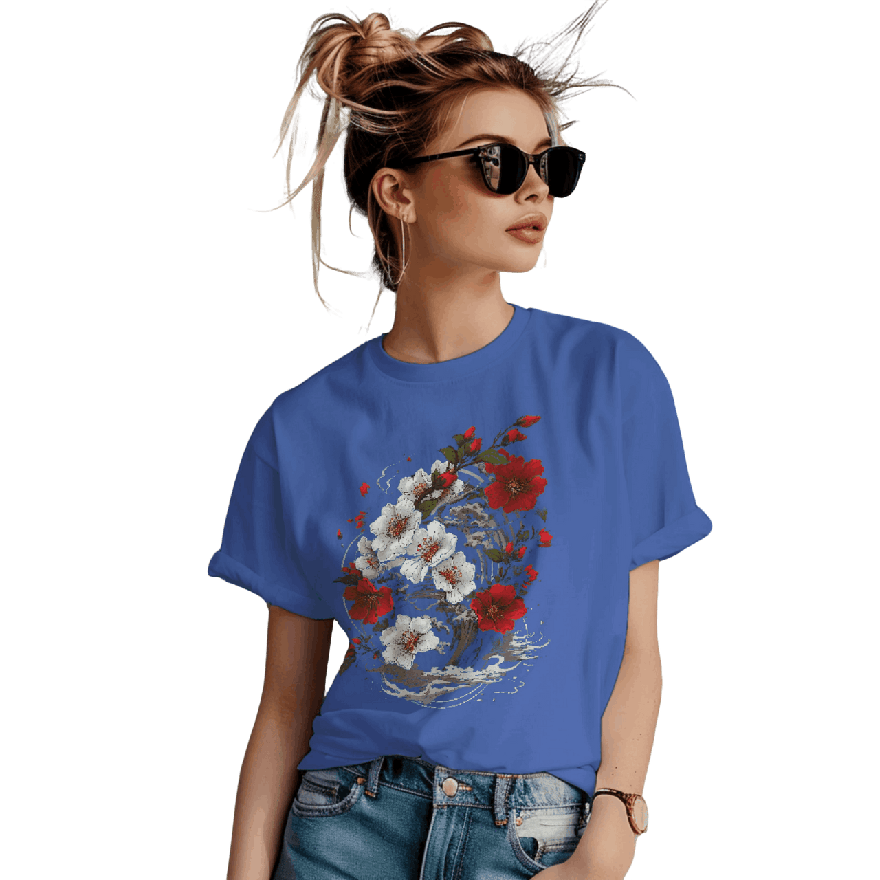 Elegant Japanese Flowers T-Shirt with Stunning Blossom Design True Royal