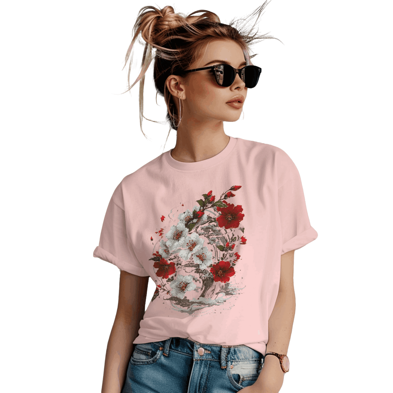 Elegant Japanese Flowers T-Shirt with Stunning Blossom Design Pink