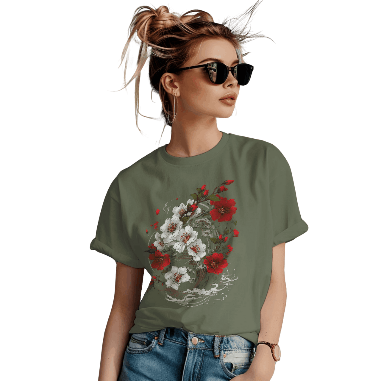 Elegant Japanese Flowers T-Shirt with Stunning Blossom Design Military Green