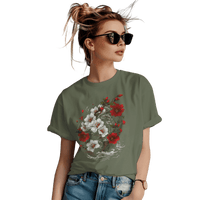 Thumbnail for Elegant Japanese Flowers T-Shirt with Stunning Blossom Design Military Green