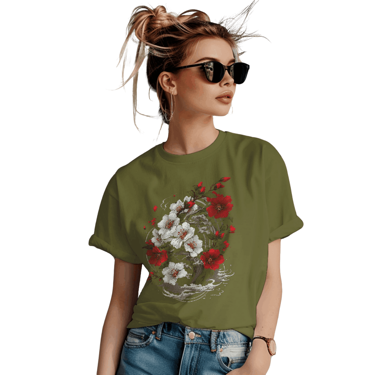 Elegant Japanese Flowers T-Shirt with Stunning Blossom Design Olive