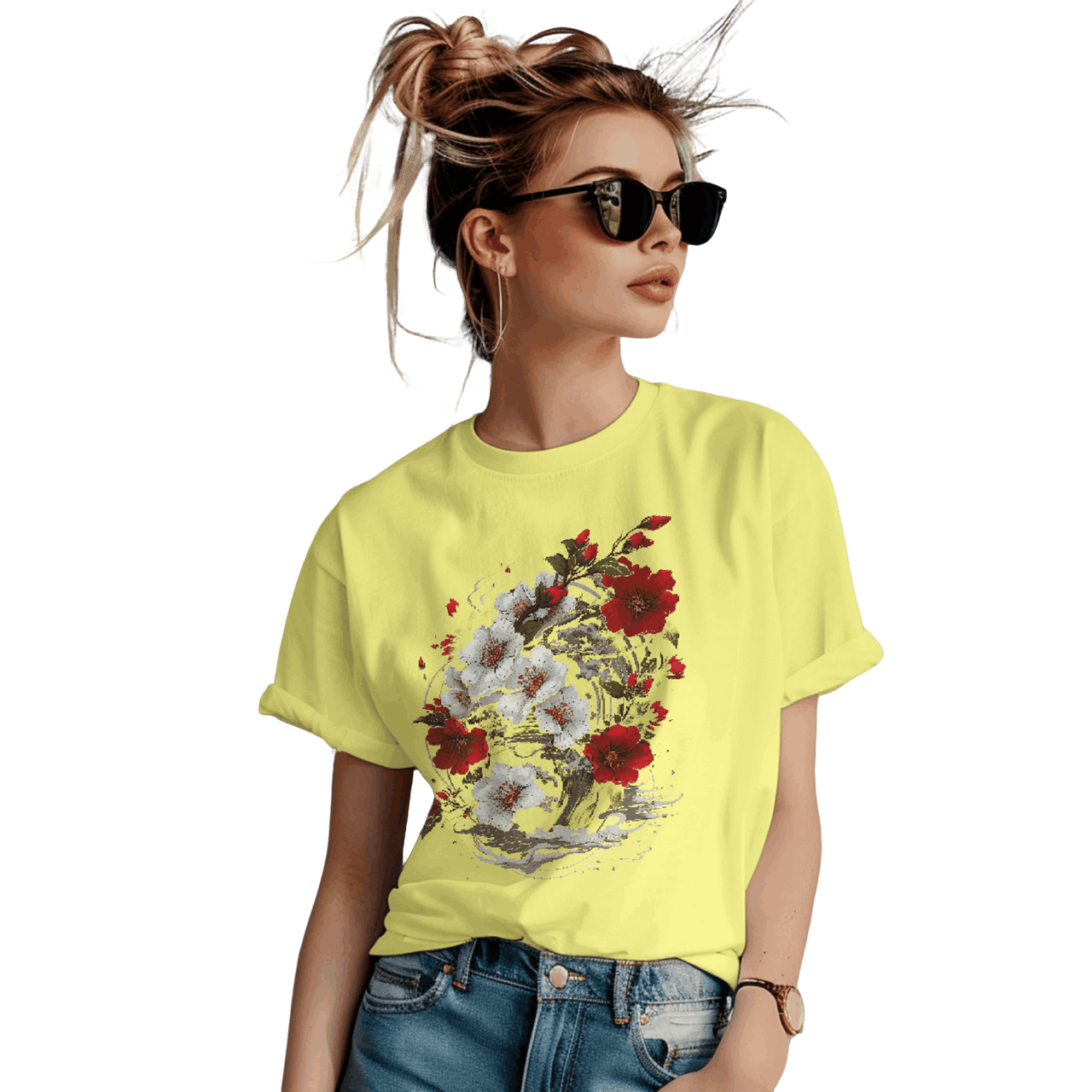 Elegant Japanese Flowers T-Shirt with Stunning Blossom Design Yellow