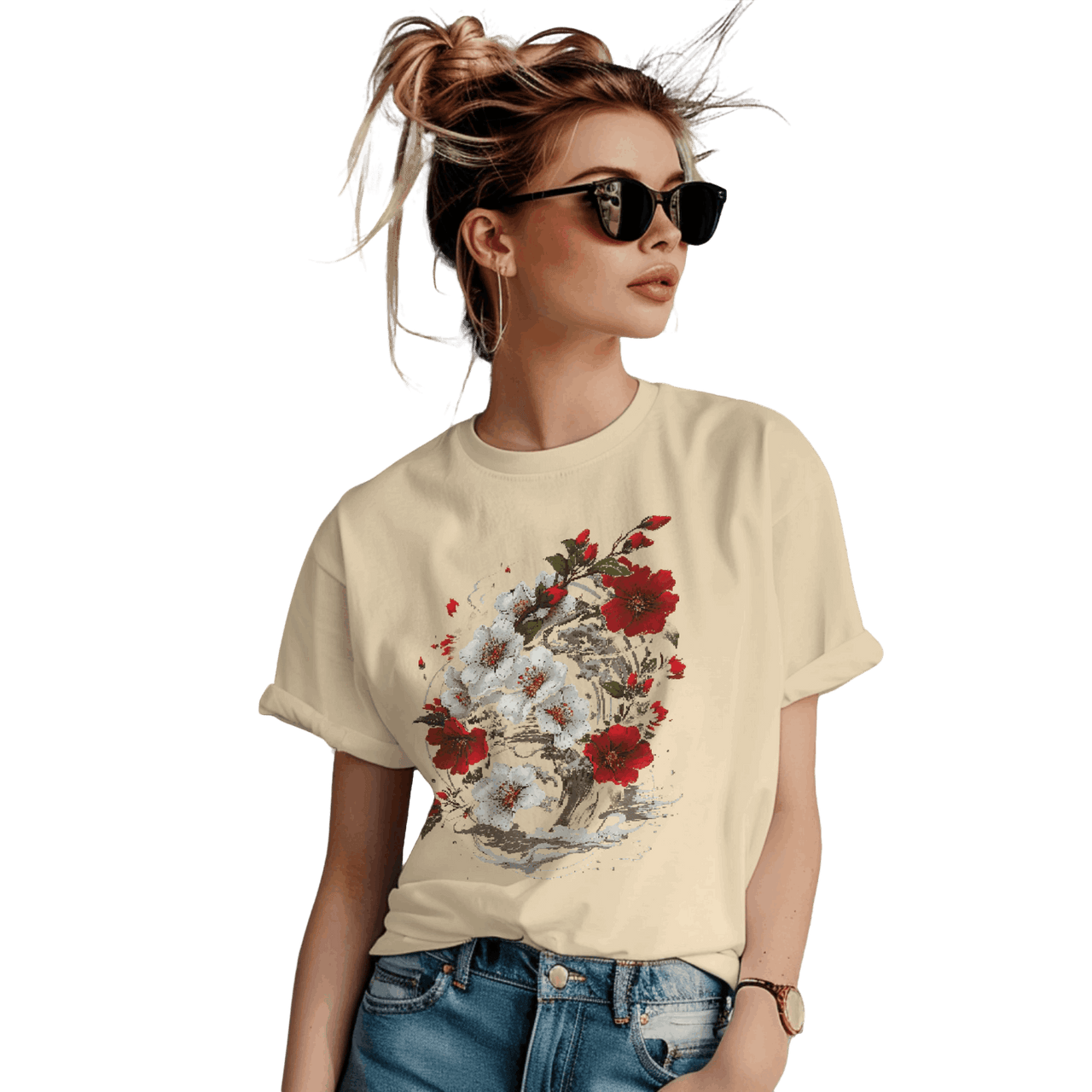 Elegant Japanese Flowers T-Shirt with Stunning Blossom Design Soft Cream